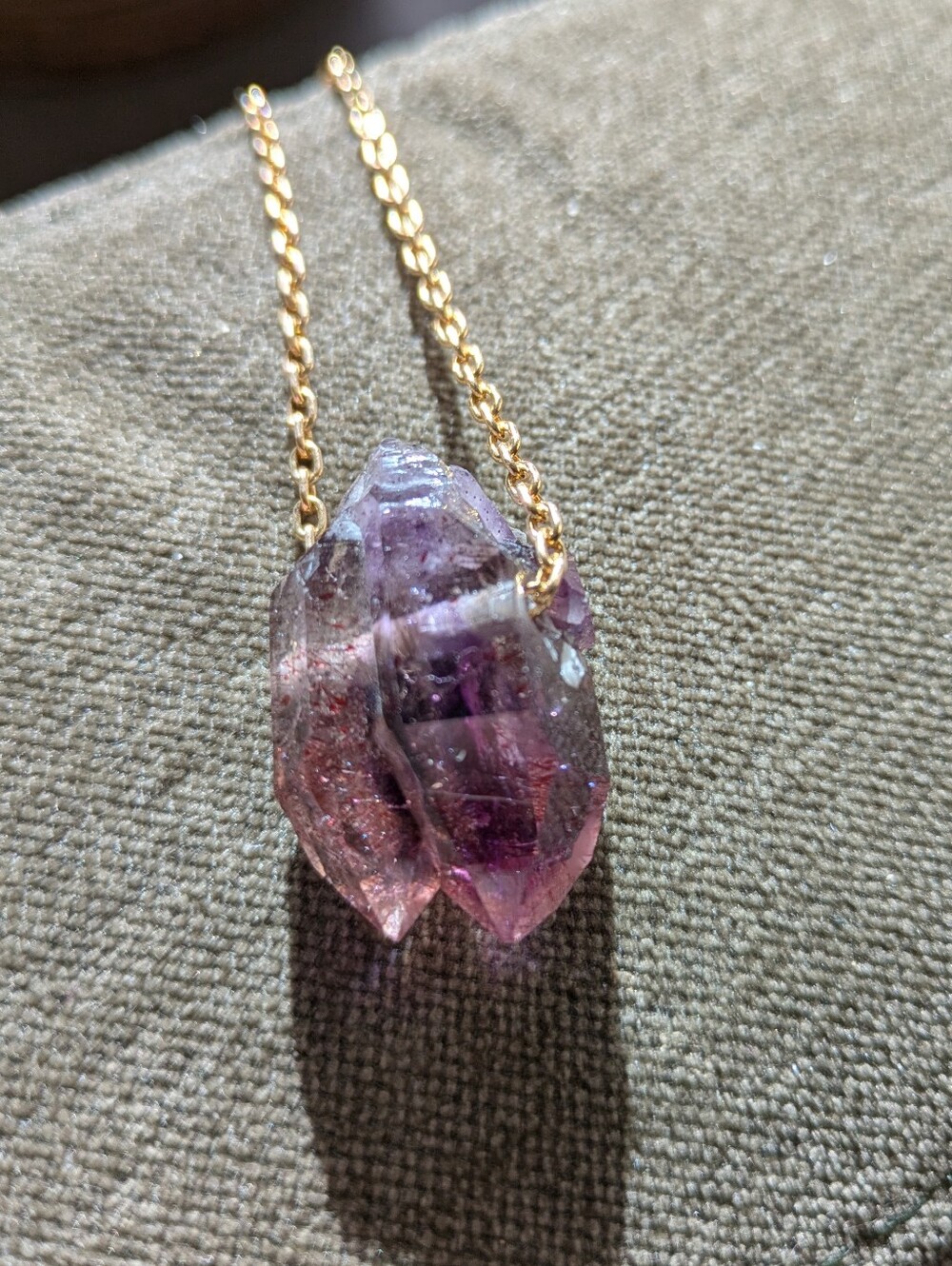Shangaan Amethyst Twin Points Crystal Pendant on Gold-filled Chain Necklace